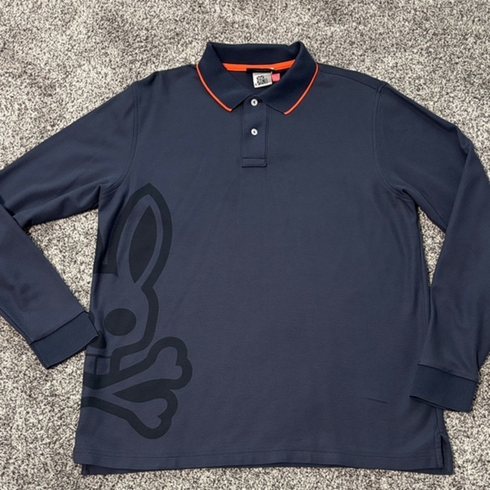 Psycho Bunny Navy Long-Sleeve Polo with Orange Piping